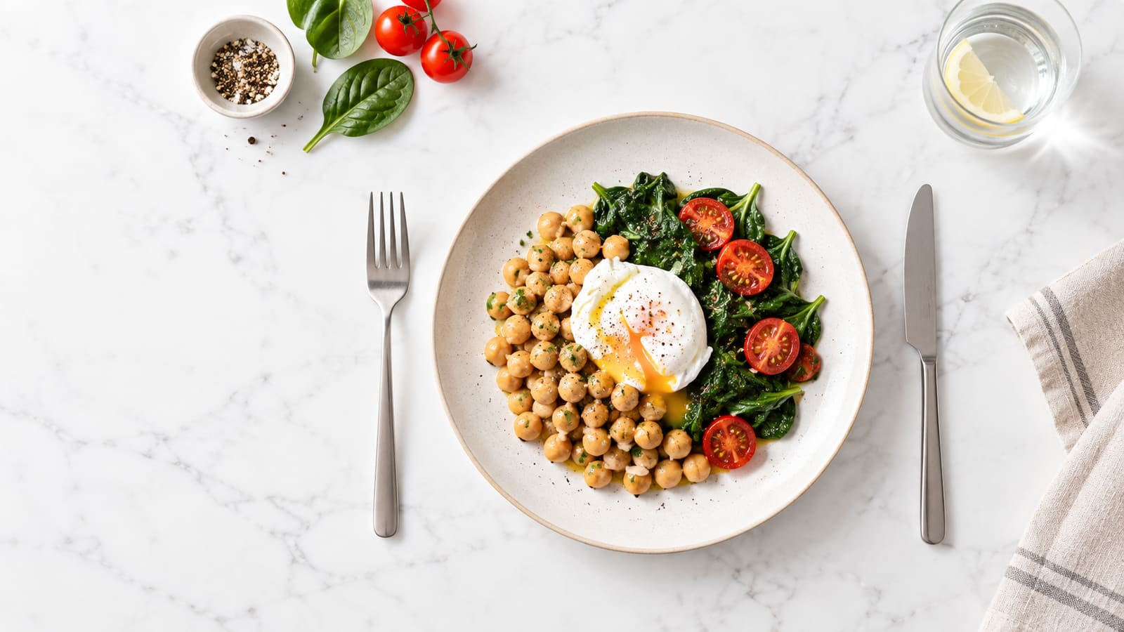 Plato con huevo escalfado, garbanzos, espinacas y tomates cherry sobre mármol blanco