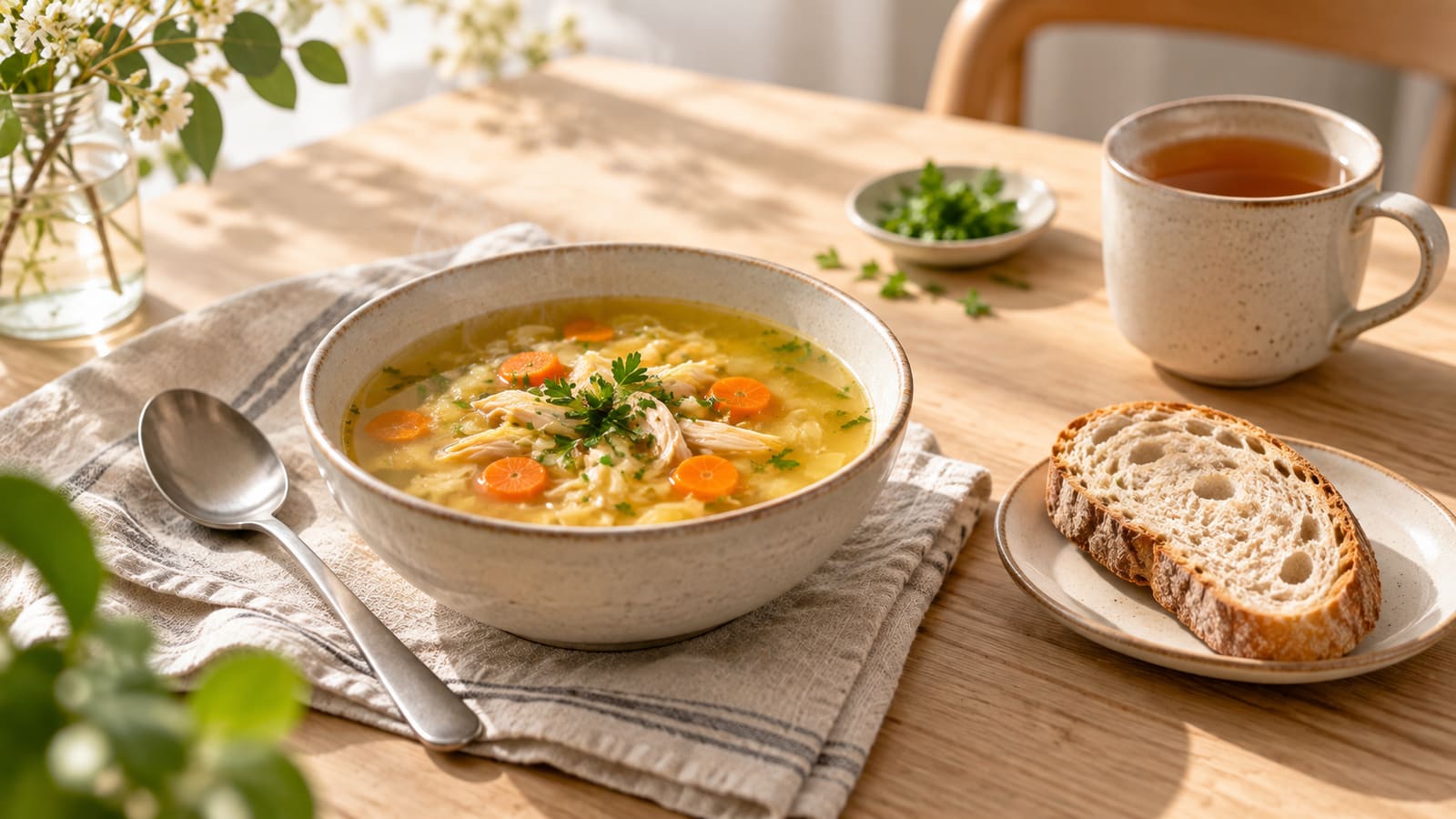 Cuenco de sopa templada con pan y una taza de té sobre una mesa de madera clara