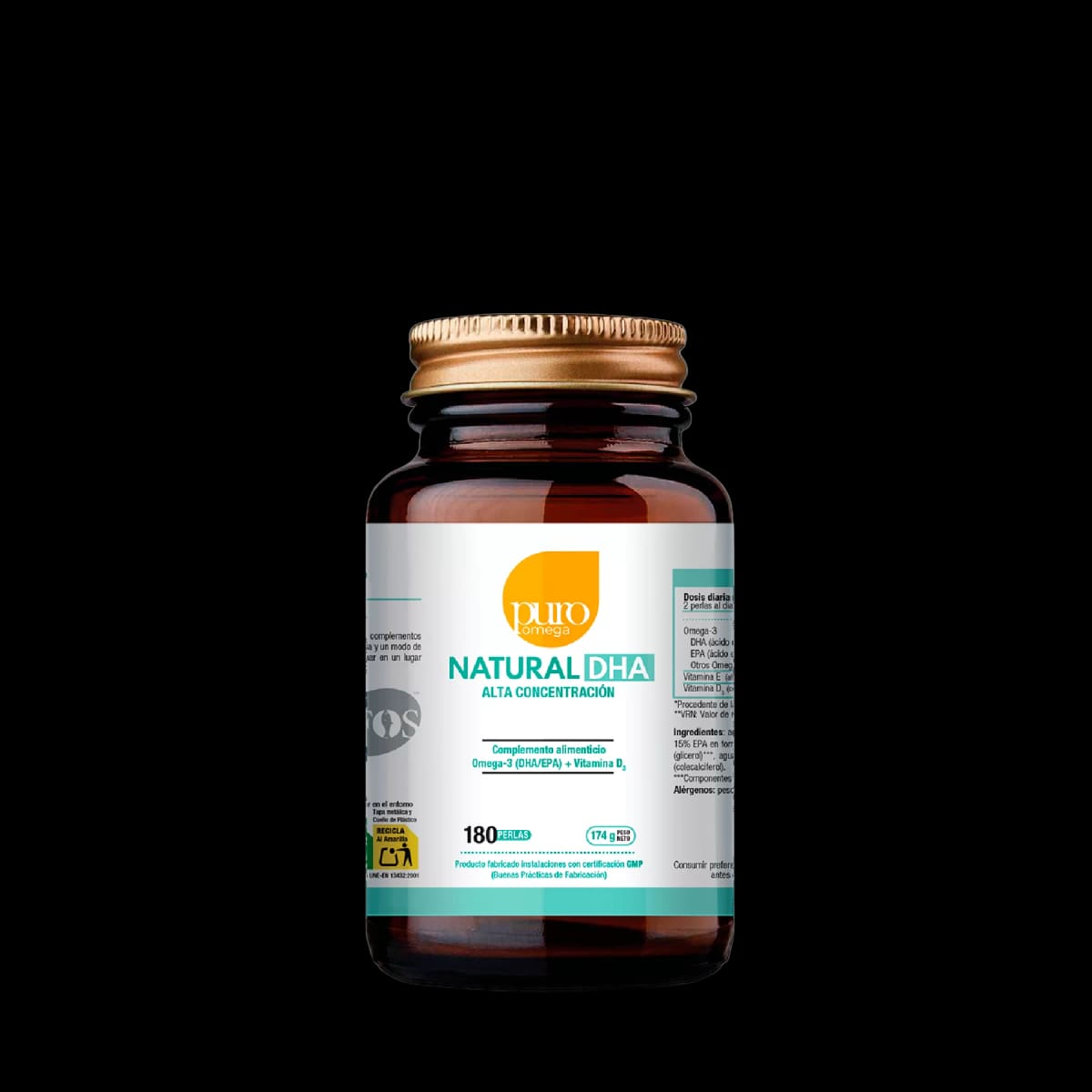 Envase de Natural DHA Alta Concentración 180 cápsulas, Puro Omega