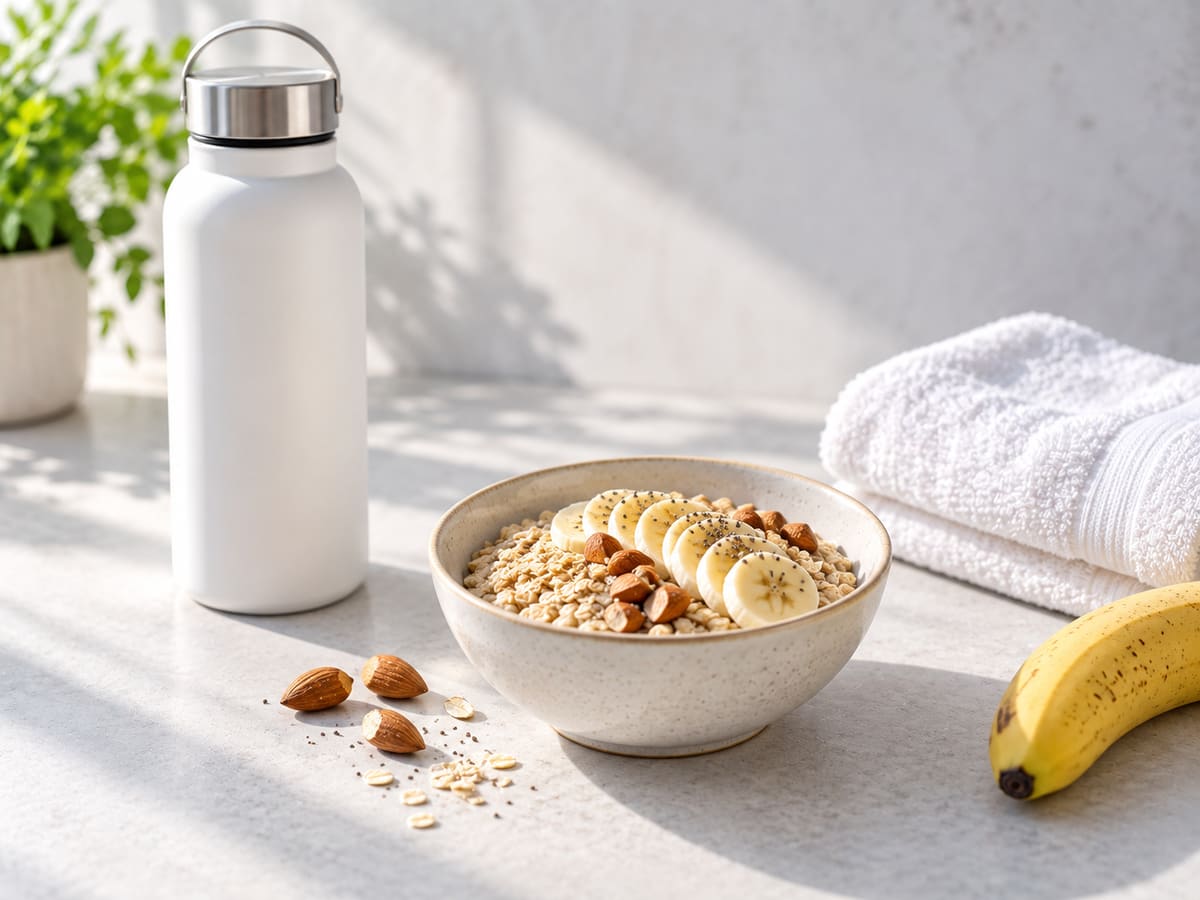 Botella de agua, cuenco de avena con plátano y toalla blanca sobre una superficie gris clara