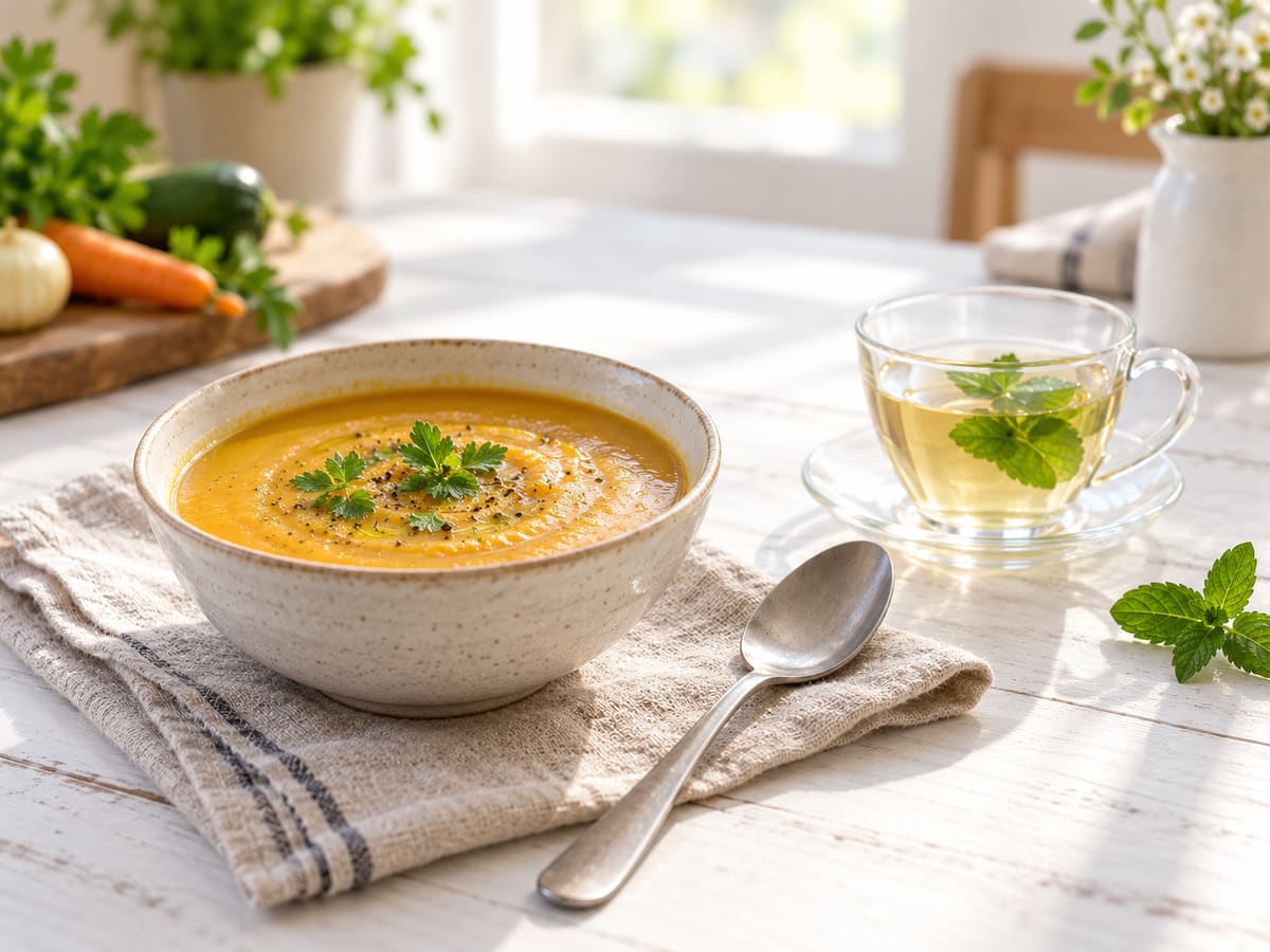Cuenco de crema de verduras templada con una taza de infusión sobre una mesa de madera clara